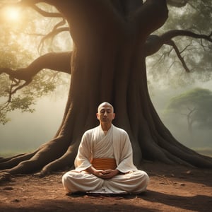 siddharta gautama sitting while meditating with compassion, very high quality, very high detail, background sparse forest, under bodhi tree, 8k, ultra realistic, soothing, relaxing, male, human, instagram,Movie Still,Film Still, natural, 70mm lens, high definition , bald, no-hair