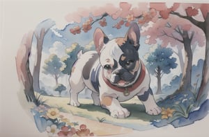 french bulldog, perfect smile, watercolor, blurred_background, in the forest, leaves, flowers