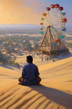 masterpiece, a indian mordern 24 yo man sitting on a sand dune at some hight looking so far at a indian village at long distance, back angle,  fair in village , ferris wheel,  greg rutkowski