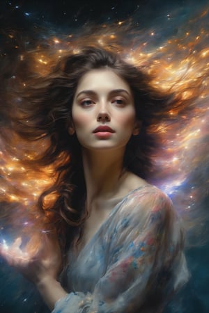 beautiful art, 3d render, hyperdetailed, woman facing the camera, hair floating in the wind, hands outstretched to the sides, surrounded by sparks and soft lightning, colorful harmonic, oil canvas, watercolor, dark rococco nature, artistic, painting, illustration, masterpiece, by Jean Baptiste Monnoyer, dark, detailed, cinematic