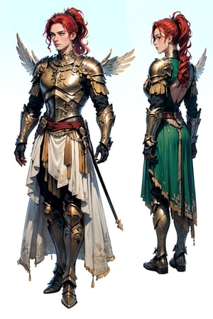 1man, 25 yo, humble face, assisted exposure, (winged_helmet), scarlet hair, ponytail, green eyes, muscular, (large_mechanical_wings), divine, (armored_dress_white), (gold_armor), (valkyrie_class), , (fullbody_front), (fullbody_back), (reference sheet:1)