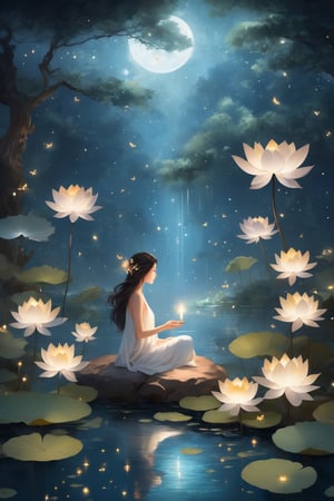Around the image of the galaxy and the half-dark sky, floating candles on the pond, bright lotus flowers on the pond, dense forest, luminous butterflies, beautiful fireflies sitting on a boulder in meditation, half-naked, long dark hair, angular face, eyes  Big white and gold angels on the tree branches