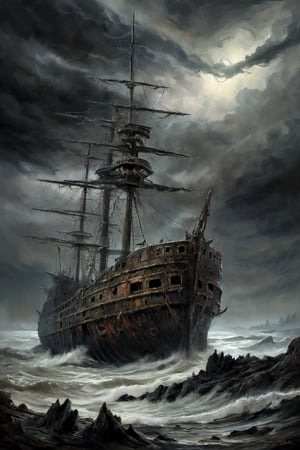 surreal painting featuring a massive ghost ship, its hull decayed and weather-beaten, stranded on a dark, rocky coastline, a stormy sky looms overhead, casting the scene in an ominous light, the rough texture of the dry brush style adds to the weather-beaten, forsaken nature of the ship and its desolate surroundings, , dark, gothic, fantastical, symbolic, disturbing, intricate, highly detailed, moody lighting, complex textures, organic forms intertwined with mechanical elements