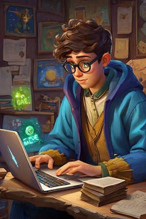 Discover the arcane art style of a nerdy boy looking at a laptop with a sign that says 'Game Design Reading'.,girl