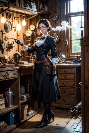 Imagine a steampunk inventor with goggles, surrounded by mechanical contraptions and steam-powered gadgets in their cluttered workshop