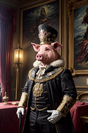 (best quality:1.5), (masterpiece:1.5), a  standing (pig:1.3) wearing human clothes, wearing smart black clothes, detailed pig face, correct pig nose, correct pig ears, tall black cylinder hat on his head, (white gloves), portrait of a noble, acting as a human, luxurious livingroom with pictures and tapestry in the background, intricate details, hyper detailed, cinematic lights