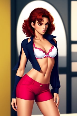 THE FEMALE NEEDS HOT PANTS AND A BLOUSE THAT SPARKLES , THE FEMALE HAS TO COME FROM NORTH AMERICA , WITH SMOOTH SKIN , SCULPTURED SMALL NOSE , PRETTY LIPS , HAIR UNTIL THE SHOULDERS , RED CURLY HAIR WITH A NATURAL GLOW , HEALTHY SUPER DEVELOPED UPPER CHEST WITH A GOOD SEXY BRA , FLAT STOMACH , TRAINED BACKSIDE , FLAWLESS FACIAL FEATURES , PRETTY HIGH HEELS ,