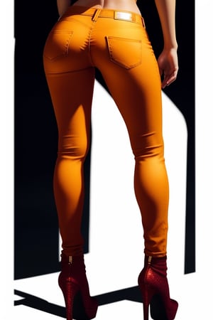 THE FEMALE NEEDS ORANGE JEANS AND A BLOUSE THAT SPARKLES , THE FEMALE HAS TO COME FROM NORTH AMERICA , WITH SMOOTH SKIN , SCULPTURED SMALL NOSE , PRETTY LIPS , HAIR UNTIL THE SHOULDERS , RED CURLY HAIR WITH A NATURAL GLOW , HEALTHY SUPER DEVELOPED UPPER CHEST WITH A GOOD SEXY BRA , FLAT STOMACH , TRAINED BACKSIDE , FLAWLESS FACIAL FEATURES , PRETTY HIGH HEELS , NICE LOOKING HANDS ,