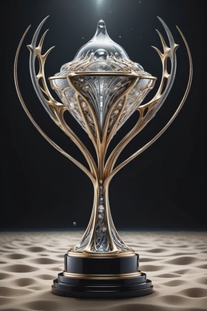 (best quality,  highres,  ultra high resolution,  masterpiece,  realistic,  extremely photograph,  detailed photo,  8K wallpaper,  intricate detail,  film grains),  High definition photorealistic photography of ultra luxury,  Design concept for a trophy, featuring a complete parametric style with luxurious symmetry, showcasing smooth curves and fine points. Crafted from crystal with subtle accents of marble, gold, and precious materials. The trophy is to be placed in the underwater depths, surrounded by water and sand, with reflections of sunlight dancing on the surface. A mystical scene exuding opulence. black and white details. The design is inspired by the main stage of Tomorrowland 2022,  with ultra-realistic gothic details and a high level of intricacy in the image.