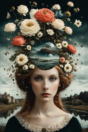 Generate an aesthetically fascinating collage artwork, complex double exposure art by Alex Stoddard, Natalia Drepina and Brooke Shaden, a surreal postcard. Double exposure of a woman with a eyes composition in her head, as a form of thoughts. long_exposure, long_exposure, flower, gbaywing
