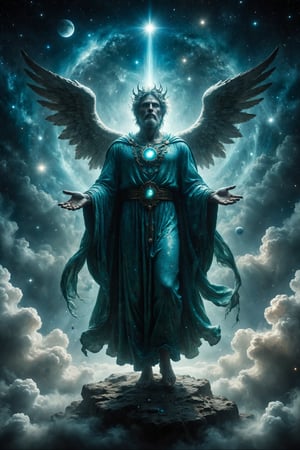 King of uranus full body, Uranus is a celestial god with a blue-green robe and a peculiar tilt. His ethereal figure and tilted posture represent Uranus' extreme axial tilt. With an ethereal and celestial appearance, Uranus is androgynous and his body is covered by a starry mantle. He has wings that allow him to fly through the cosmos and his presence radiates mystery and distance.
