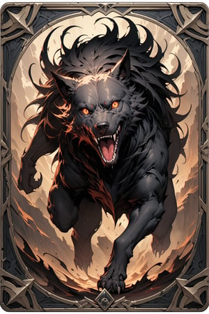 (masterpiece:1.4), ((best quality, 8k, ultra-detailed)), a black dog, hellhound, monster illustration, beautiful, full body, in TCG Card frame