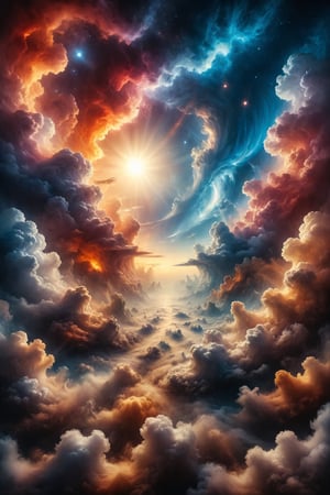 genera una hermosa escena de fantacia, dentro del espacio del cielo, rodeado de nubes etereas, Un espectro de luz danzante en el cielo, donde los colores del amanecer se entrelazan en una sinfonía etérea.
