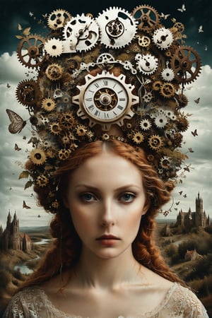 Generate an aesthetically fascinating collage artwork, complex double exposure art by Alex Stoddard, Natalia Drepina and Brooke Shaden, a surreal postcard. Double exposure of a woman with a gears composition in her head, as a form of thoughts. long_exposure, long_exposure