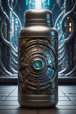(best quality,  highres,  ultra high resolution,  masterpiece,  realistic,  extremely photograph,  detailed photo,  8K wallpaper,  intricate detail,  film grains), High definition photorealistic photography of ultra luxury,  Futuristic design concept for a beverage thermos, in a cyberpunk style featuring sharp edges and intricate steampunk-inspired details such as gears, neon capsules, and other decorative elements complementing the cyberpunk aesthetic. It should be adorned with dark and mysterious hues along with neon and futuristic colors. This is a photographic scene designed with advanced photography, CGI, and VFX parameters, in high definition, ensuring flawless execution. high level of intricacy in the image.