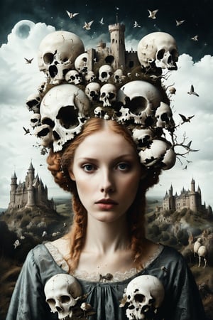  Generate an aesthetically fascinating collage artwork, complex double exposure art by Alex Stoddard, Natalia Drepina and Brooke Shaden, a surreal postcard. Double exposure of a Castle of skulls composition in her head, as a form of thoughts. long_exposure, long_exposure
