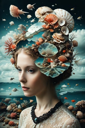 Generate an aesthetically fascinating collage artwork, complex double exposure art by Alex Stoddard, Natalia Drepina and Brooke Shaden, a surreal postcard. Double exposure of a woman with a shells and coral reefs composition in her head, as a form of thoughts. long_exposure, long_exposure