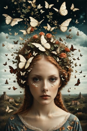 Generate an aesthetically fascinating collage artwork, complex double exposure art by Alex Stoddard, Natalia Drepina and Brooke Shaden, a surreal postcard. Double exposure of a woman with a butterflies composition in her head, as a form of thoughts. long_exposure, long_exposure