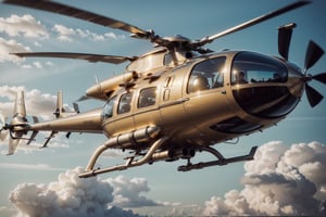 High definition photorealistic render of a luxury helicopter on the sky, very sculptural and with fluid and organic shapes, gold, with black and white details. The design Art Deco details and a high level of image complexity.