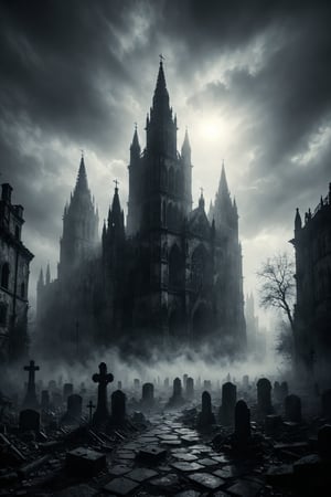 mitica y misteriosa escena gotica de Una catedral gótica cubierta de niebla espesa donde las sombras parecen susurrar secretos olvidados.