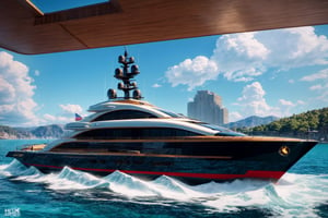 high-definition photorealistic rendering, exterior parametric style luxury yacht, white, black, gold, dark blue, with luxurious glass and marble materials, yacht must be premium luxury brutalist, hyper realistic, epic scale, sense of awe, hypermaximalist, insane level of details, artstation HQ