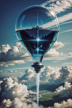 photorealistic simetric photography in high definition, Un transporte aéreo con hélices relucientes que se mueve ágilmente entre nubes cargadas de electricidad estática, a mystical and enigmatic scene