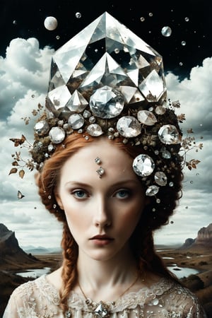 Generate an aesthetically fascinating collage artwork, complex double exposure art by Alex Stoddard, Natalia Drepina and Brooke Shaden, a surreal postcard. Double exposure of a woman with a diamonds composition in her head, as a form of thoughts. long_exposure, long_exposure