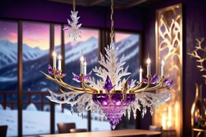 High definition photorealistic render of a luxury chandelier design concept in sculpted crystal and pointed organic shapes and gold metal with purple, in a night bar with snowy mountains, northern lights in the background, ice and smoke, Christmas style and snowflakes in the scene, macro photography, hyper detailed, sharp focus, studio photo, intricate details