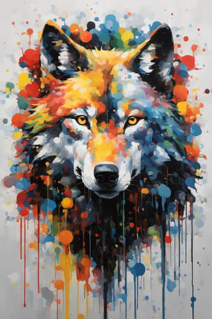 Wolf in the Forest - Made on canvas, viewer, colorful, ultra-realistic, unreal engine, dripping paint, side view, wolf made entirely of colored paint and splattered with paint, abstract, dripping paint, full shot, full body.