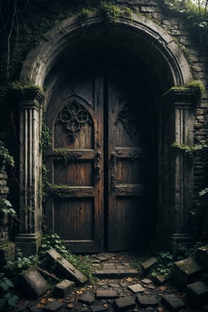mitica y misteriosa escena gotica deUna cripta lúgubre con puertas selladas y guardada por criaturas espectrales que protegen antiguos conocimientos.