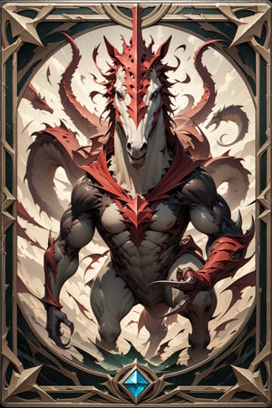 Prompt: (masterpiece:1.4), ((best quality, 8k, ultra-detailed)), lancardium man fusioned whit horse, monster illustration, beautiful, full body, in TCG Card frame