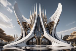 High-definition photorealistic render of an exterior vertical sculptural casttle in parametric architecture, with pointed, dragon-wing-like symmetrical curves inspired by the constructions of Zaha Hadid. A luxurious design featuring marble, glass, and golden metal, with black and white details. The design is inspired by the main stage of Tomorrowland 2022, with ultra-realistic Art Deco details and a high level of intricacy in the image.
