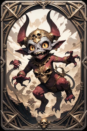 (masterpiece:1.4), ((best quality, 8k, ultra-detailed)), imp, SKULL GOLDEN illustration, beautiful, full body, in TCG Card frame