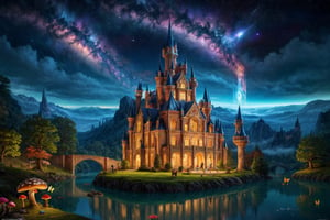 HD Photorealistic Rendering, Wallpaper of a Mystical Fantasy Scene, Featuring a Luxurious Castle, with Flowers and Butterflies, and a Magical Lake Surrounded by Mushrooms, and a Fairy Godmother, Inspired by Alice in Wonderland, as if it were a Fairy Tale, with the Interstellar Space Visible in the Sky.