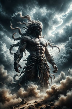 mega gigant epic god of wind ubicate in a place with much wind clouds, full body,epic surreal and mistic composition