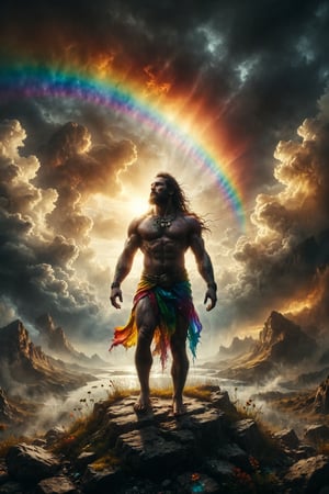 god of rainbow, in a landcape rainbow full body, epic and mistic composition