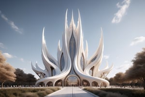 High-definition photorealistic render of an exterior vertical sculptural casttle in parametric architecture, with pointed, dragon-wing-like symmetrical curves inspired by the constructions of Zaha Hadid. A luxurious design featuring marble, glass, and golden metal, with black and white details. The design is inspired by the main stage of Tomorrowland 2022, with ultra-realistic Art Deco details and a high level of intricacy in the image.