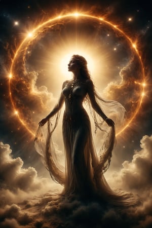 Queen of Eklipse, full body, Eklipse stands at the convergence of sun and moon, her figure half-veiled in shadow and half-illuminated by the celestial dance of celestial bodies. Her presence marks moments of cosmic alignment and awe.