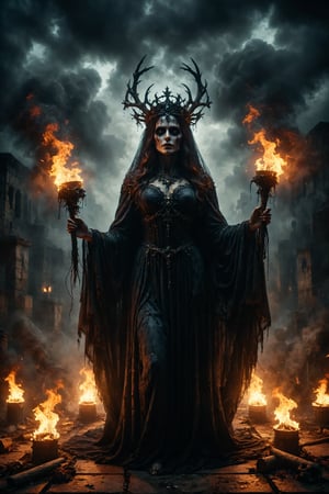 Queen of death full body, Hecate stands at the crossroads, shrouded in darkness with torches in her hands. Her gaze penetrates the veil between life and death, guiding souls through their final journey.