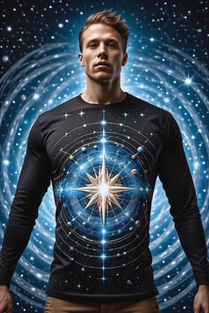 (best quality,  highres,  ultra high resolution,  masterpiece,  realistic,  extremely photograph,  detailed photo,  8K wallpaper,  intricate detail,  film grains), High definition photorealistic photography of ultra luxury, "Design of a shirt featuring a universe and religious geometry print at its center. The shirt is set against an interstellar space backdrop, adorned with numerous stars. It is tailored for men and is presented in both front and back views within the same image. This is a photographic scene designed with advanced photography, CGI, and VFX parameters, in high definition, ensuring flawless execution. high level of intricacy in the image.