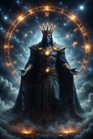 King of time full body, Cronos is a figure of immense stature, with a cloak adorned with the cycles of the cosmos. His eyes hold the wisdom of eons, and his touch can alter the flow of events.