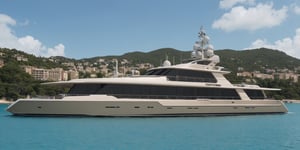 Parametric style 5-story luxury yacht located near a castle with parametric architecture on a private island in Monaco, white, black, gold, dark blue, on a turquoise lake and palm trees, with luxurious glass and marble materials, yacht must be premium luxury brutalist, hyper realistic, epic scale, sense of awe, hypermaximalist, insane level of details, artstation HQ