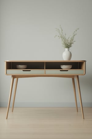 (best quality,  highres,  ultra high resolution,  masterpiece,  realistic,  extremely photograph,  detailed photo,  8K wallpaper,  intricate detail,  film grains),  High definition photorealistic photography of ultra luxury, Design concept for a center table with drawers, entirely crafted from assembled wood in a Scandinavian style. Featuring rounded corners, fine woodwork, and pastel colors. The table should be showcased empty against a neutral backdrop, embodying the serene and tranquil essence of Scandinavian minimalism. This is a photographic scene designed with advanced photography, CGI, and VFX parameters, in high definition, ensuring flawless execution, high level of intricacy in the image.
