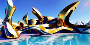 Luxurious architectural masterpiece inspired by Zaha Hadid, with her parametric style featuring fluid and sharp shapes, organic and flowing forms like butterfly wings, using marble and metal, in gold, silver, black, and white marble. Includes inspiration based on Tomorrowland 2022's main stage tall and simetric  hyper realistic, epic scale, hypermaximalist, insane 