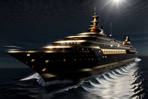High definition photorealistic render of a luxury mega cruiser top vie gold and withe,  parametric style sahad hadid,  very sculptural and with fluid and organic shapes,  gold,  with black and white details. The design Art Deco details and a high level of image complexity