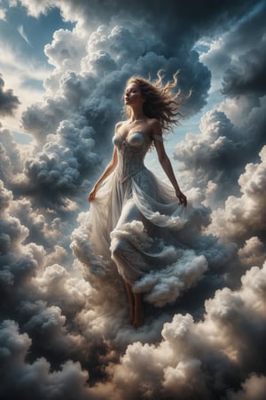 Queen of clouds, full body, Nefelé floats through the sky on billowing clouds, her form shifting and morphing with the wind. Her eyes reflect the ever-changing patterns of the sky.