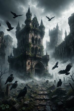 mitica y misteriosa escena gotica de Un guardián con rasgos de ave y garras afiladas, custodiando la entrada a un castillo en ruinas envuelto en niebla.