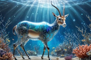 Biomechanical gazelle animal made out of glass in magical ocean full of stars and mist, with many coral reefs, iridicent glass gem, (transparent), (intricate detailed), UHD, HDR+, (hyperdetailed:1.2), centered,cyborg style,Movie Still,Leonardo Style