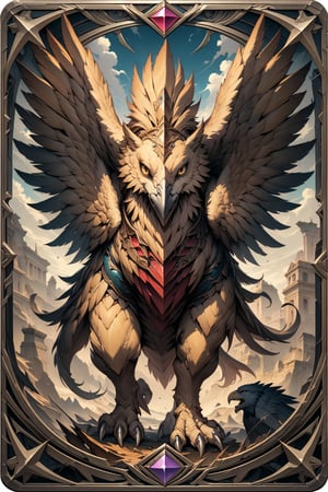 (masterpiece:1.4), ((best quality, 8k, ultra-detailed)), griffin, monster illustration, beautiful, full body, in TCG Card frame