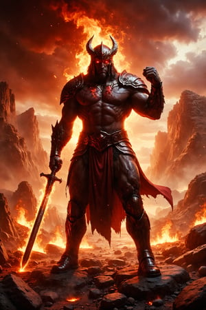 King of mars Ares full body is a warrior god, with red armor and a flaming sword. His martial appearance and strength symbolize the rocky terrain and the aggressive nature of Mars.  Imposing and muscular, with red armor and a shiny sword. His face is marked by scars from past battles. He has a determined look and an air of bravery and determination.